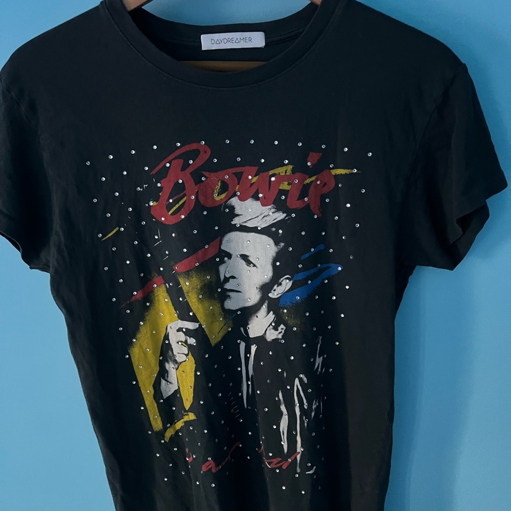 Daydreamer Black David Bowie Graphic Tee with Red, Yellow & Blue Accents